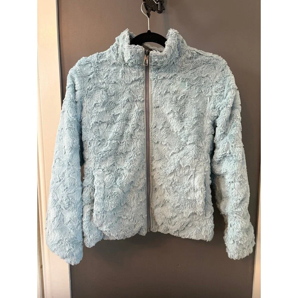 North face mossbud swirl girls large 14/16 gray blue reversible jacket coat